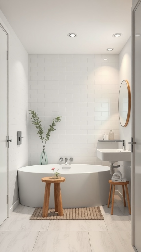 A minimalist Scandinavian bathroom featuring a round bathtub, wooden stools, and neutral colors.
