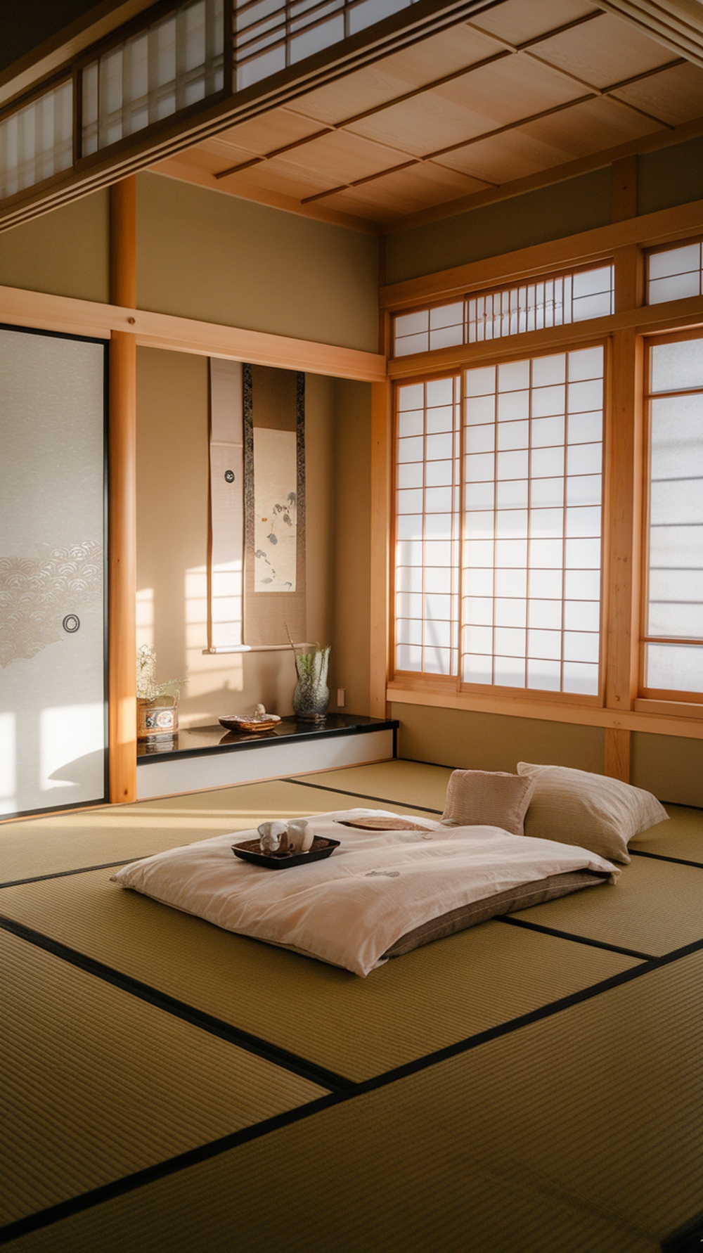 A minimalist Japanese bedroom featuring tatami mats, shoji screens, and a low bed with light bedding.