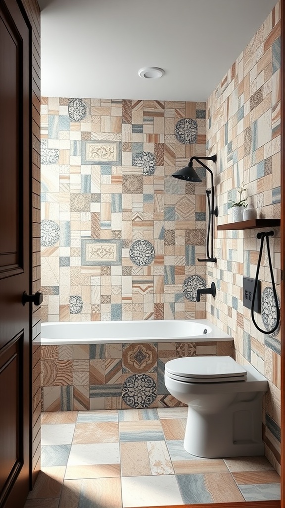 An eclectic bathroom featuring mixed media tile designs with wood-like and patterned tiles.