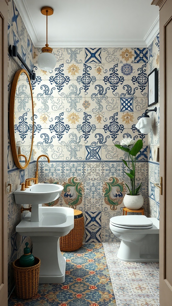 A vibrant Modern Eclectic Bathroom with patterned tiles, a round mirror, and stylish decor.