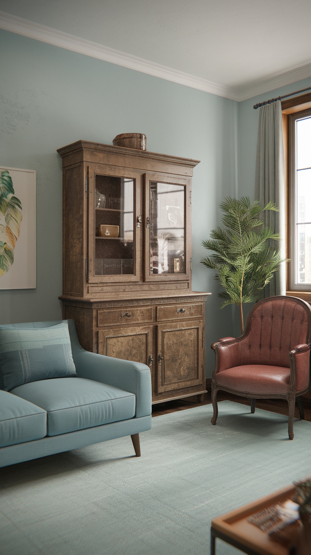 Cozy small apartment living room with light blue sofa, vintage wooden cabinet, and leafy plant.