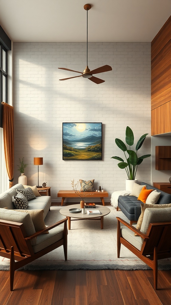 A modern living room featuring wooden furniture, soft fabrics, and metal accents with a large window and plants.
