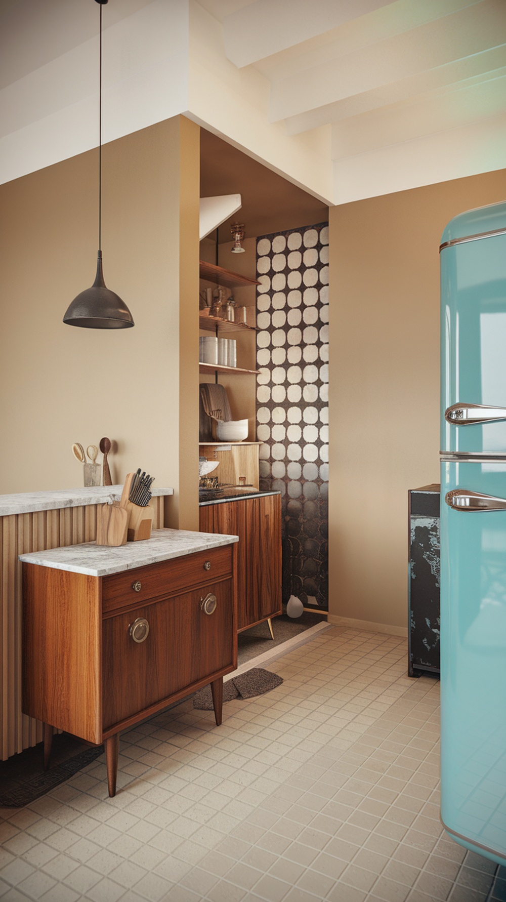A mid century modern kitchen featuring wood cabinetry, a retro refrigerator, and a patterned backsplash.
