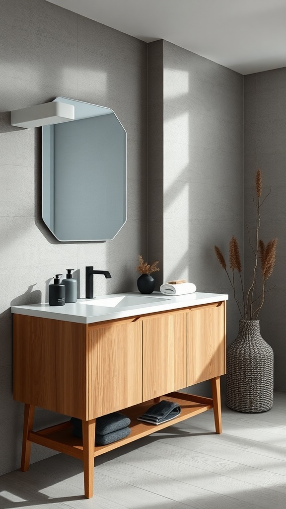 Modern Scandinavian bathroom vanity with wooden finish, white countertop, and minimalistic decor.