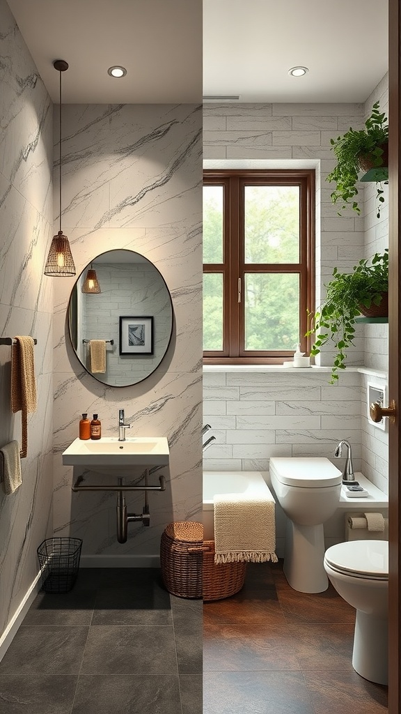 A split image of a modern bathroom on the left and a traditional bathroom on the right.