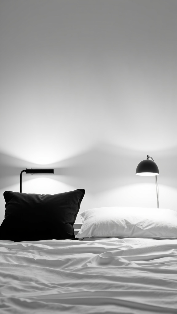 A monochrome bedroom featuring stylish bedside lamps, a black pillow, and white bedding.