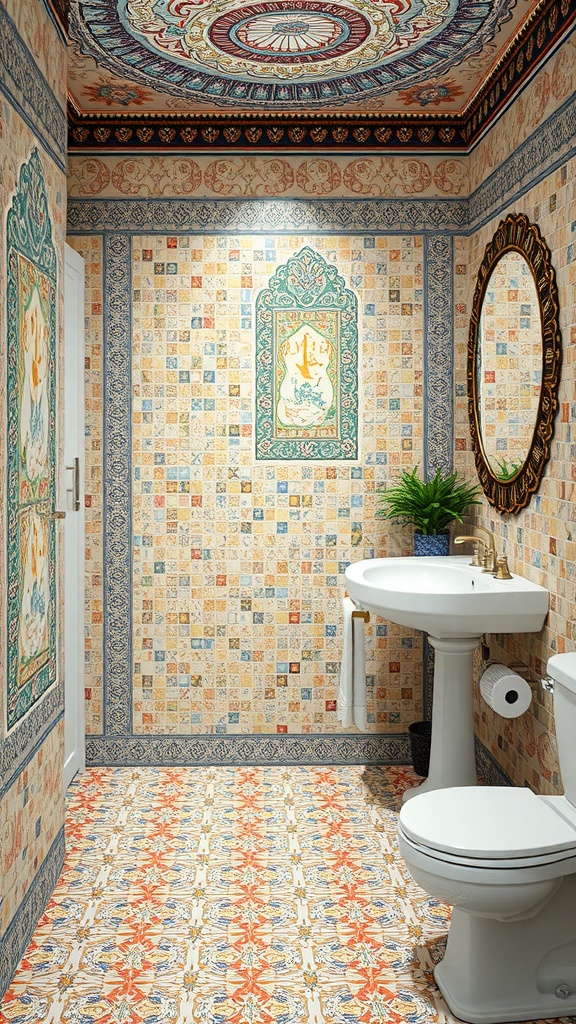 A beautifully designed bathroom featuring mosaic art tiles, showcasing intricate patterns and vibrant colors on the walls and floor.