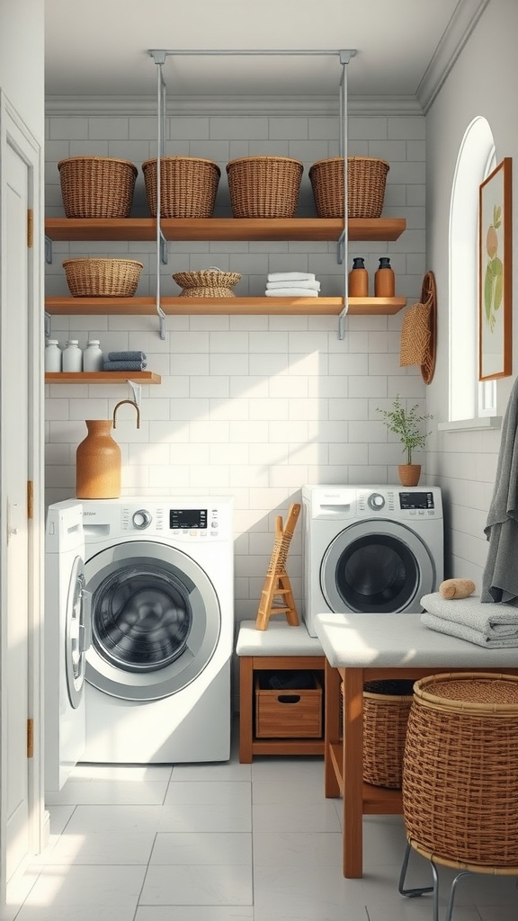 A bright small laundry room featuring two washing machines, open shelves with baskets, and a multi-functional bench for folding clothes.