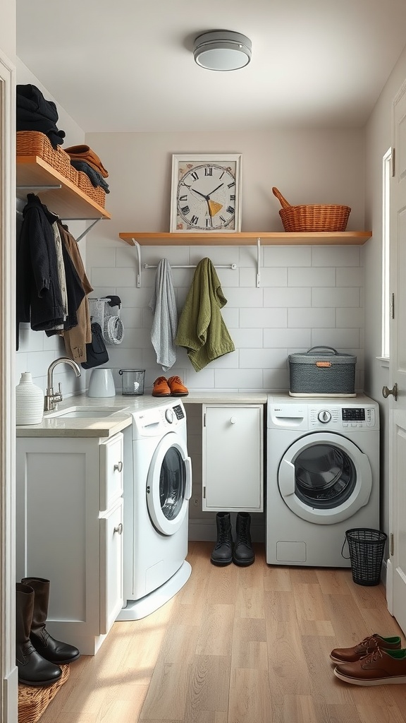 A well-organized and stylish farmhouse laundry room with a washer, dryer, and open shelving.