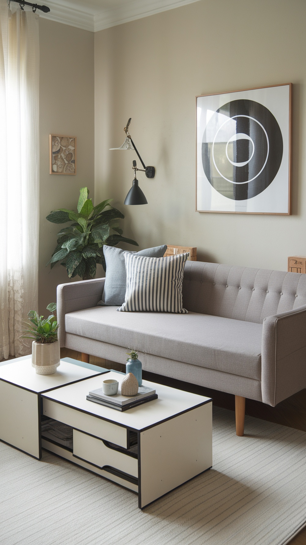 A cozy small apartment living room featuring a gray sofa, a multifunctional coffee table, and potted plants for decoration.