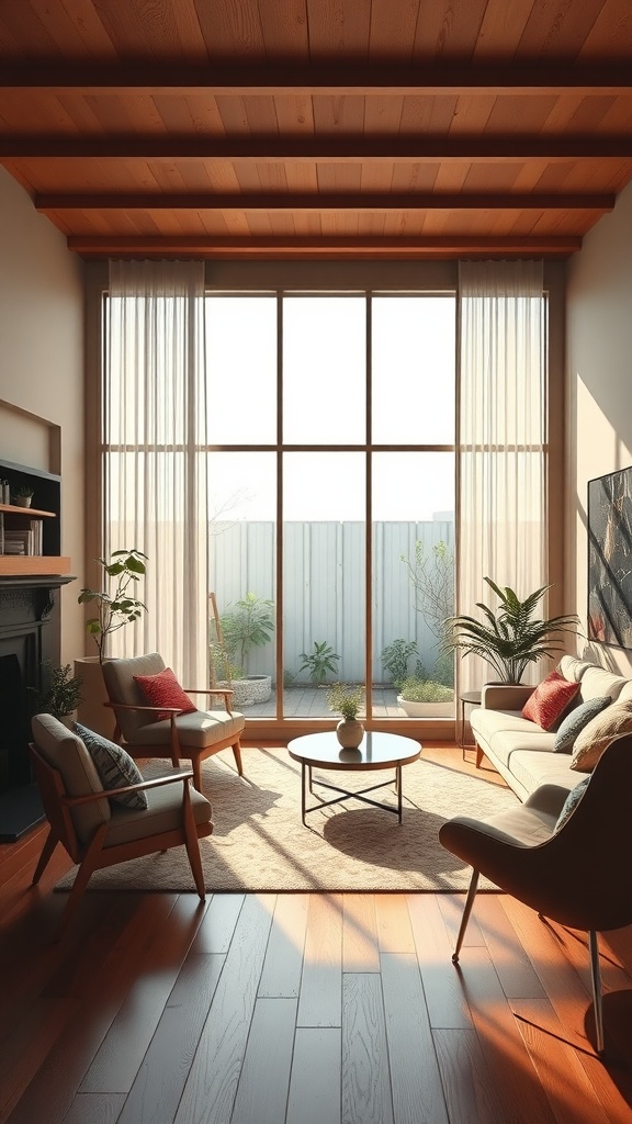 A bright mid century modern living room featuring large windows, wooden beams, and plants.