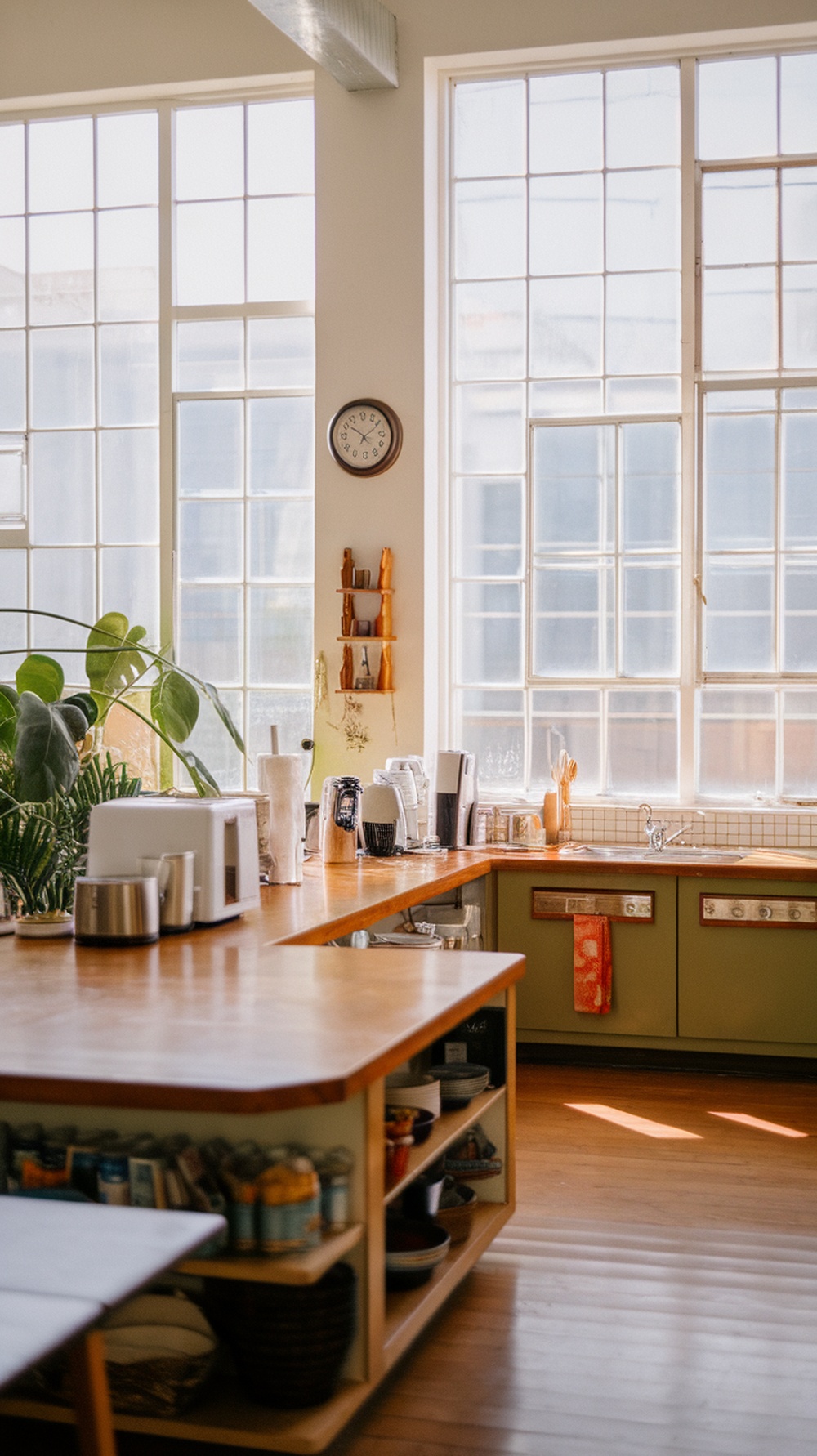 Bright and inviting Mid Century Modern Kitchen with large windows, wooden countertop, and plants.