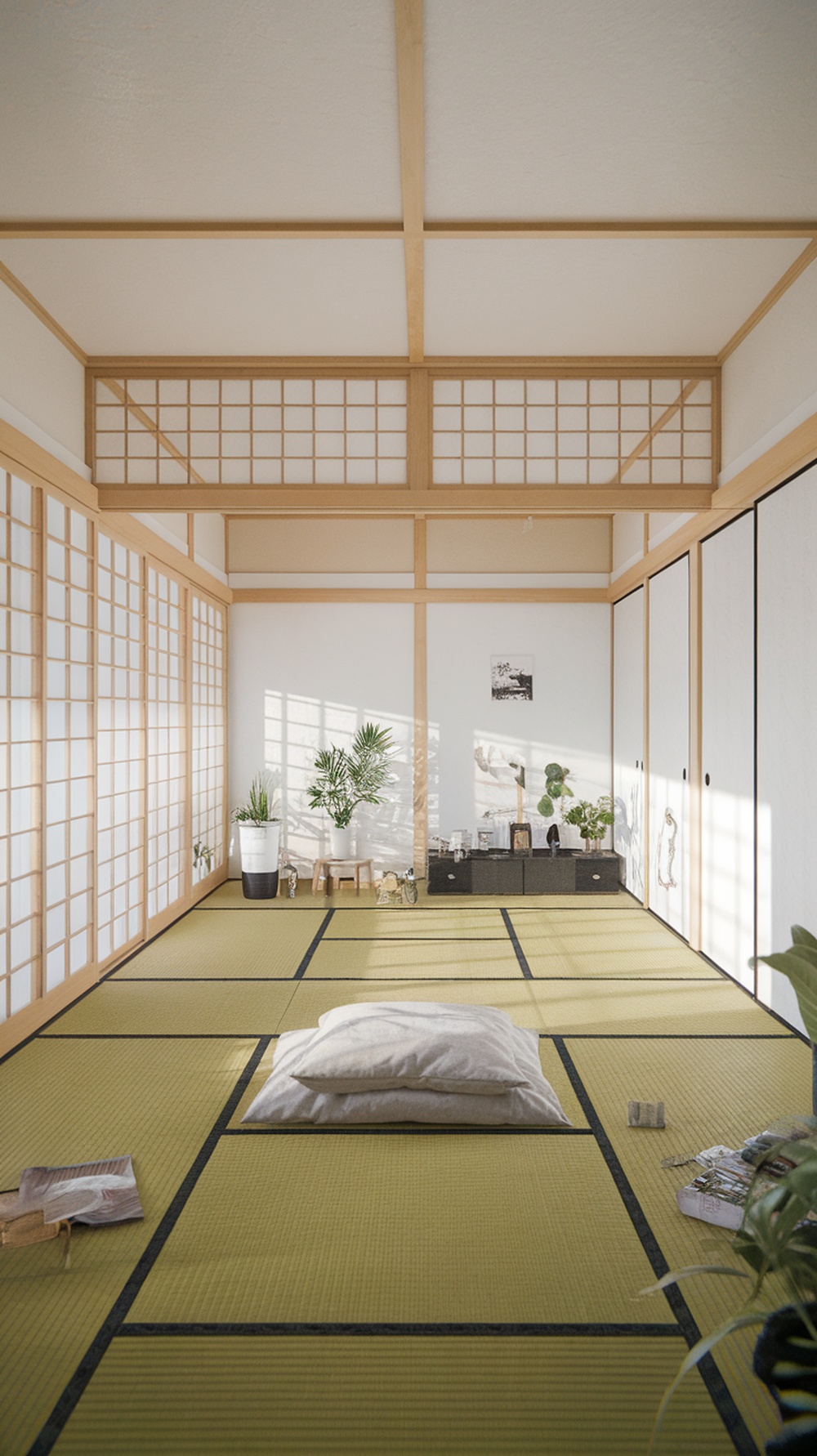 A bright and spacious traditional Japanese bedroom with tatami flooring and shoji doors