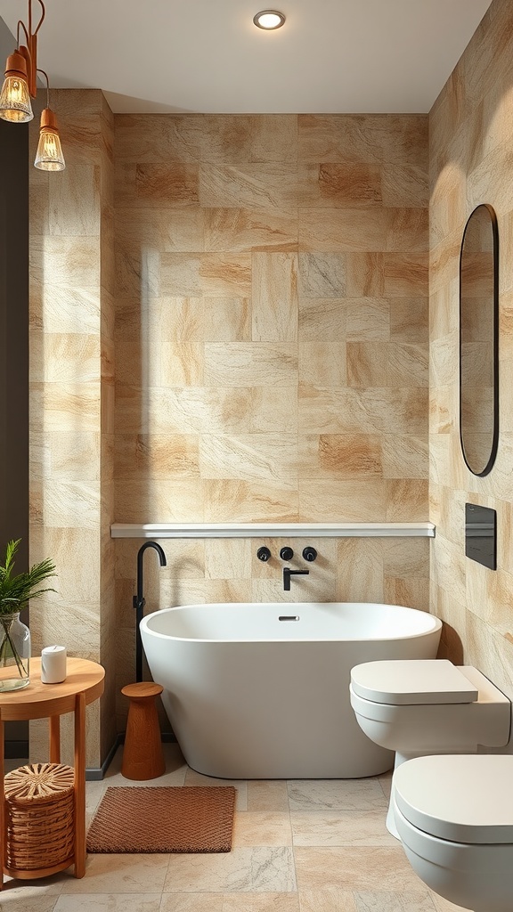 A modern bathroom featuring natural stone tiles, featuring beige and cream colors, a freestanding bathtub, and a sleek design.