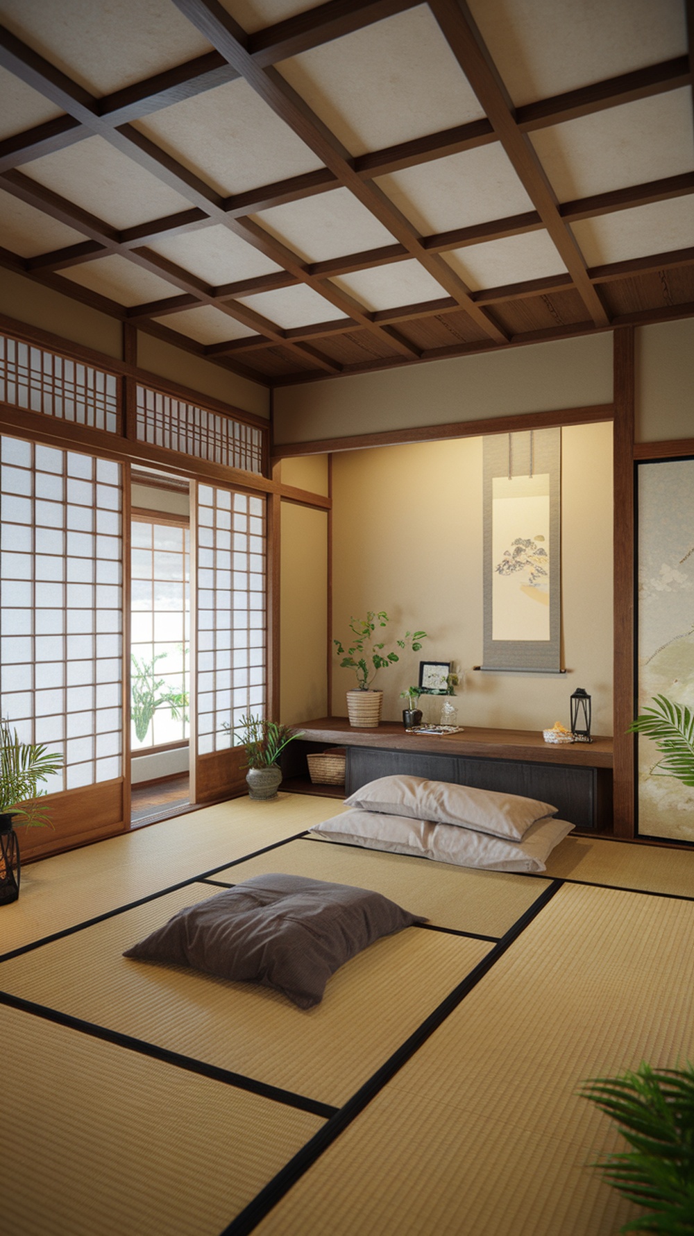 A beautifully designed Japanese bedroom featuring natural wood elements, tatami flooring, and plants.