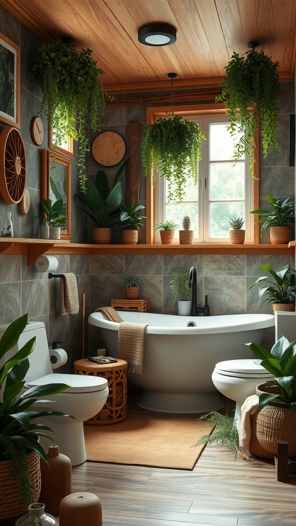 A beautifully designed bathroom featuring plants, wood accents, and modern fixtures.
