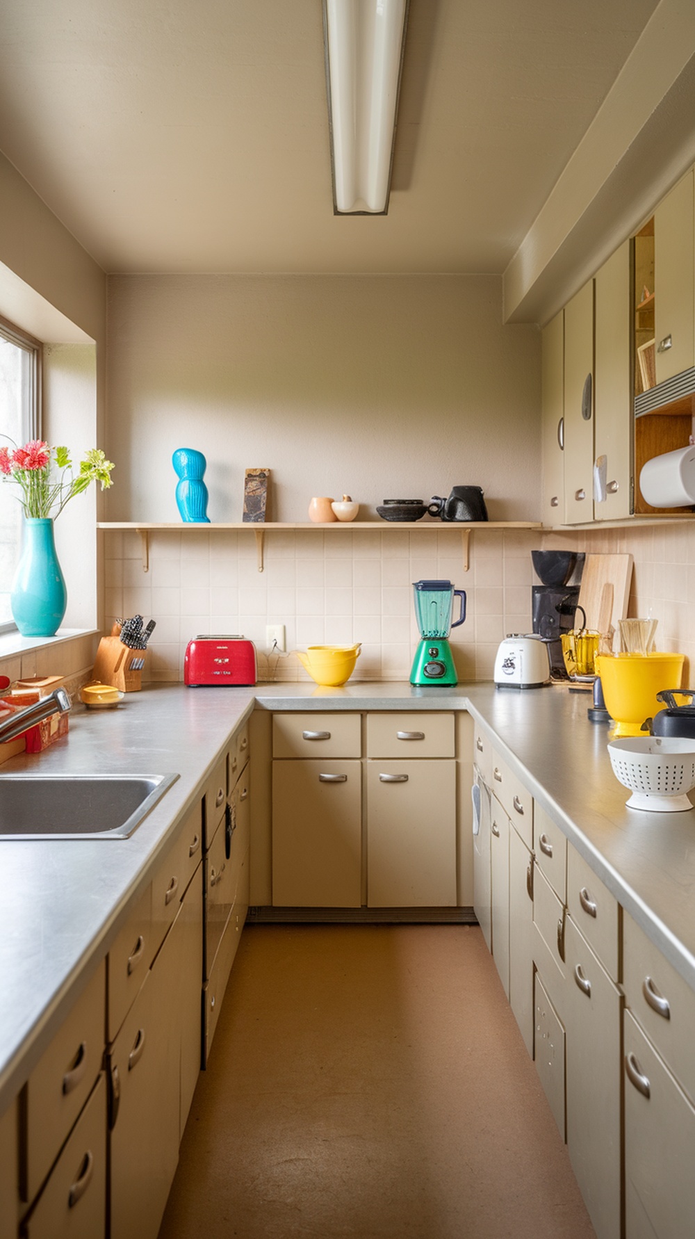 A mid century modern kitchen featuring neutral tones with colorful appliances and decor.