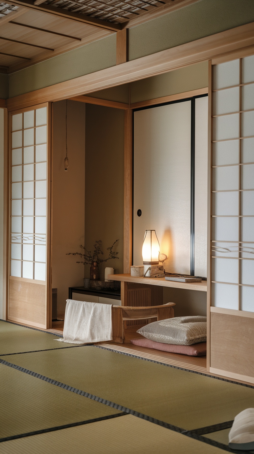 A serene Japanese inspired bedroom with tatami mats, wooden furniture, and neutral color schemes.
