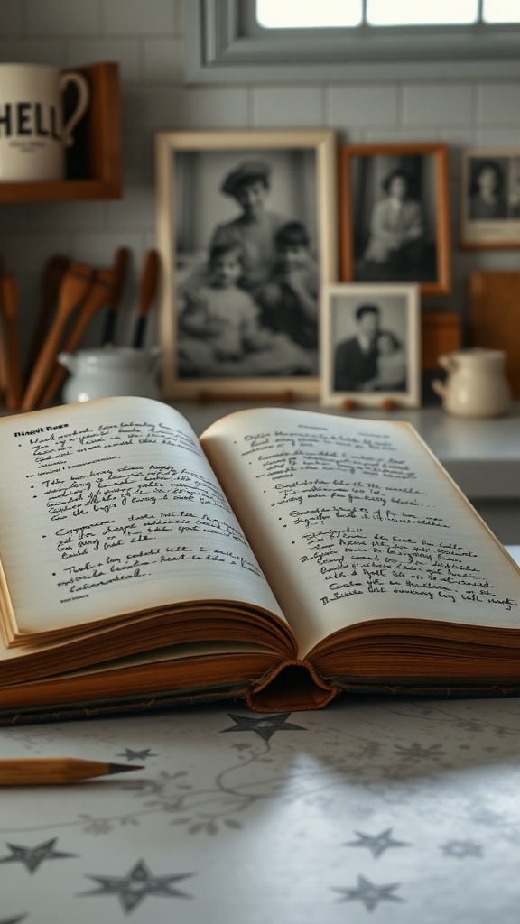An open vintage cookbook with handwritten recipes, surrounded by family photos and wooden kitchen utensils.