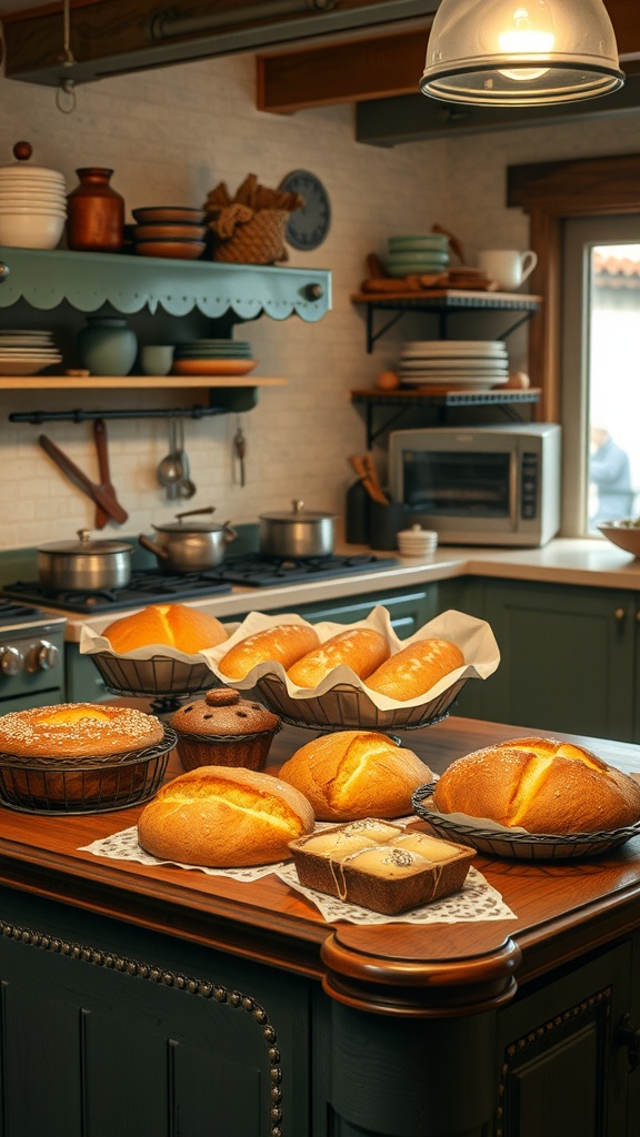 A cozy vintage kitchen with freshly baked bread on a wooden countertop, showcasing vintage decor and a warm atmosphere.