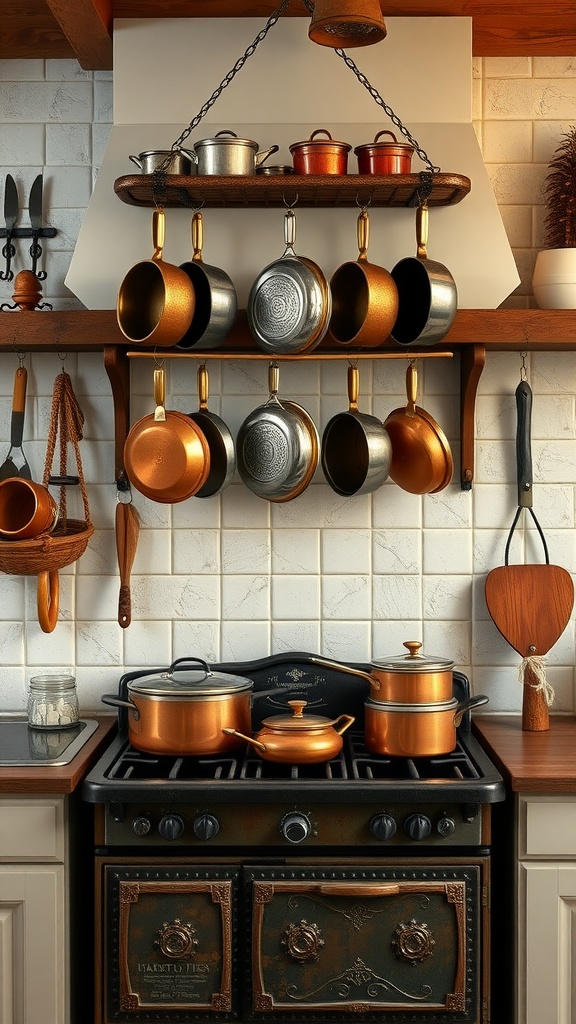 An old-fashioned pot rack with various pots and pans hanging above a black stove in a vintage kitchen setting.