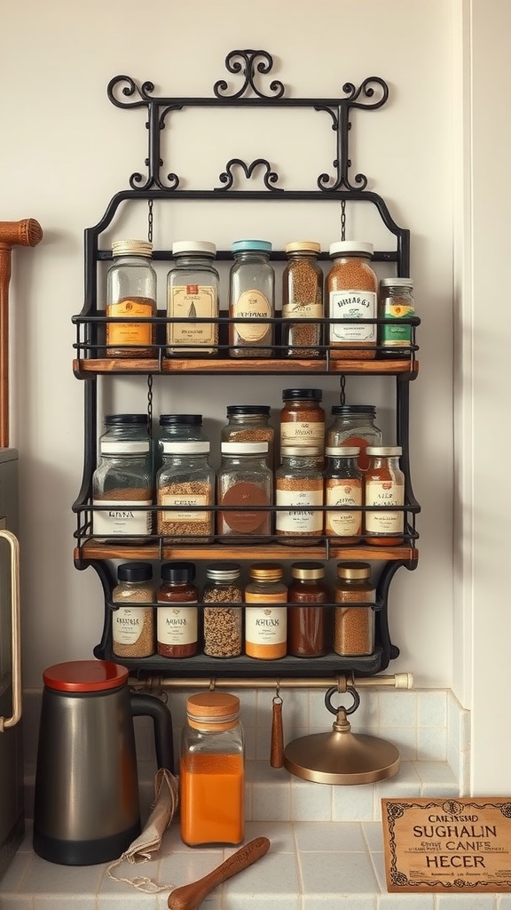 A vintage-style spice rack displaying various jars of spices in a kitchen setting.