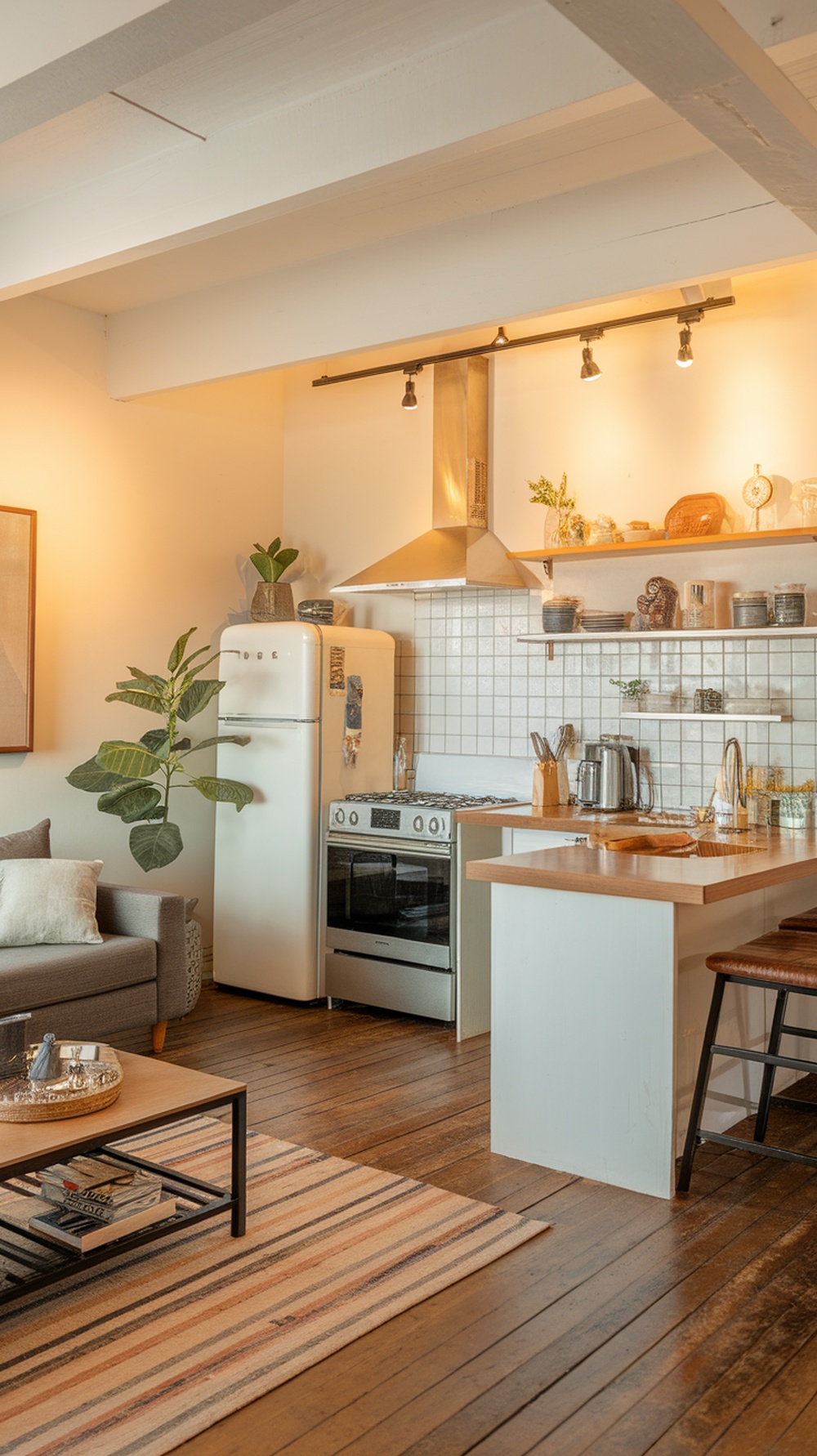 A cozy small apartment living room with an open floor plan, featuring a kitchen area and a living space decorated minimally.