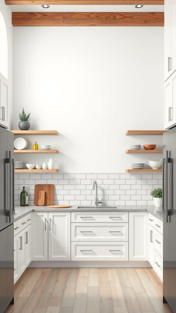 A kitchen with white two-tone cabinets and open wooden shelving, featuring a modern design.