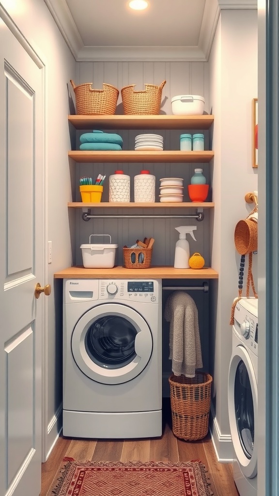 Small laundry room with open shelving, organized containers, and a washing machine.