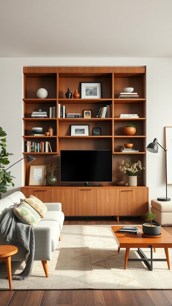 A mid century modern living room showcasing open shelving filled with books, decorative items, and a television.