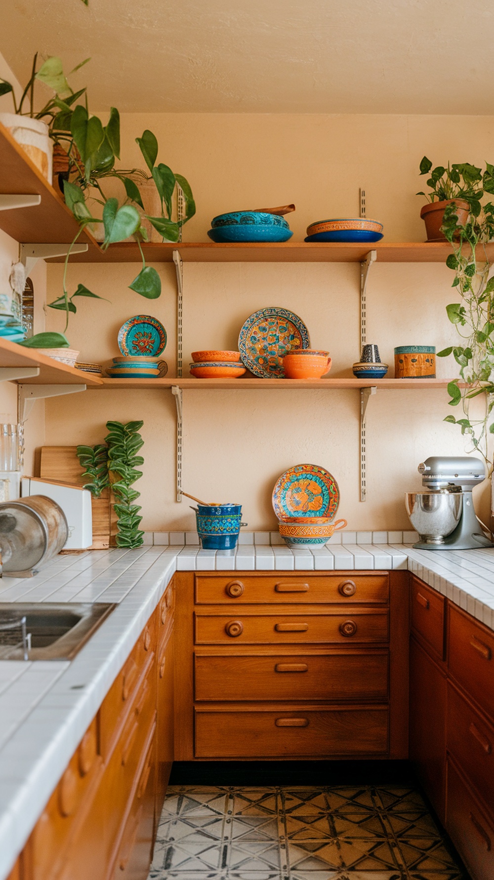 Mid Century Modern kitchen featuring open shelving with colorful dishware and plants.
