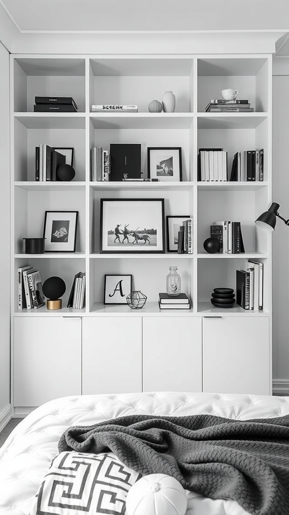 Open shelving unit in a black and white bedroom displaying books and decor