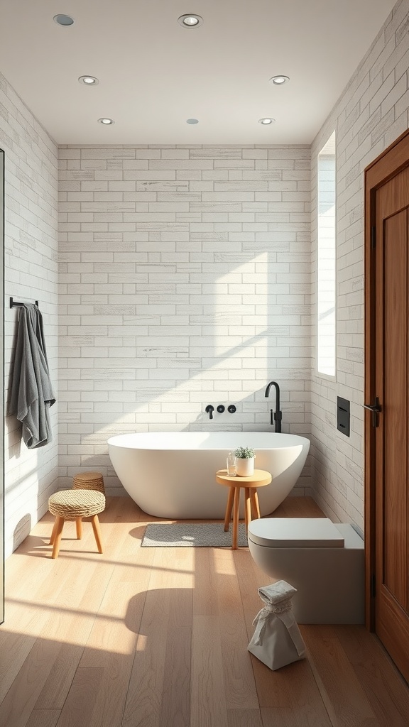 Modern Scandinavian bathroom with freestanding tub and wooden accents.