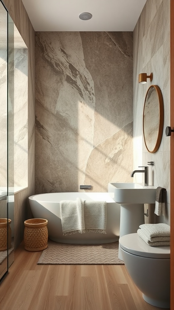 A Scandinavian bathroom featuring organic textures and natural materials, with stone tiles, a round mirror, and plants.