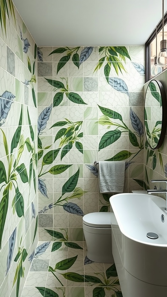 Bathroom with leafy design tiles, showcasing a natural vibe
