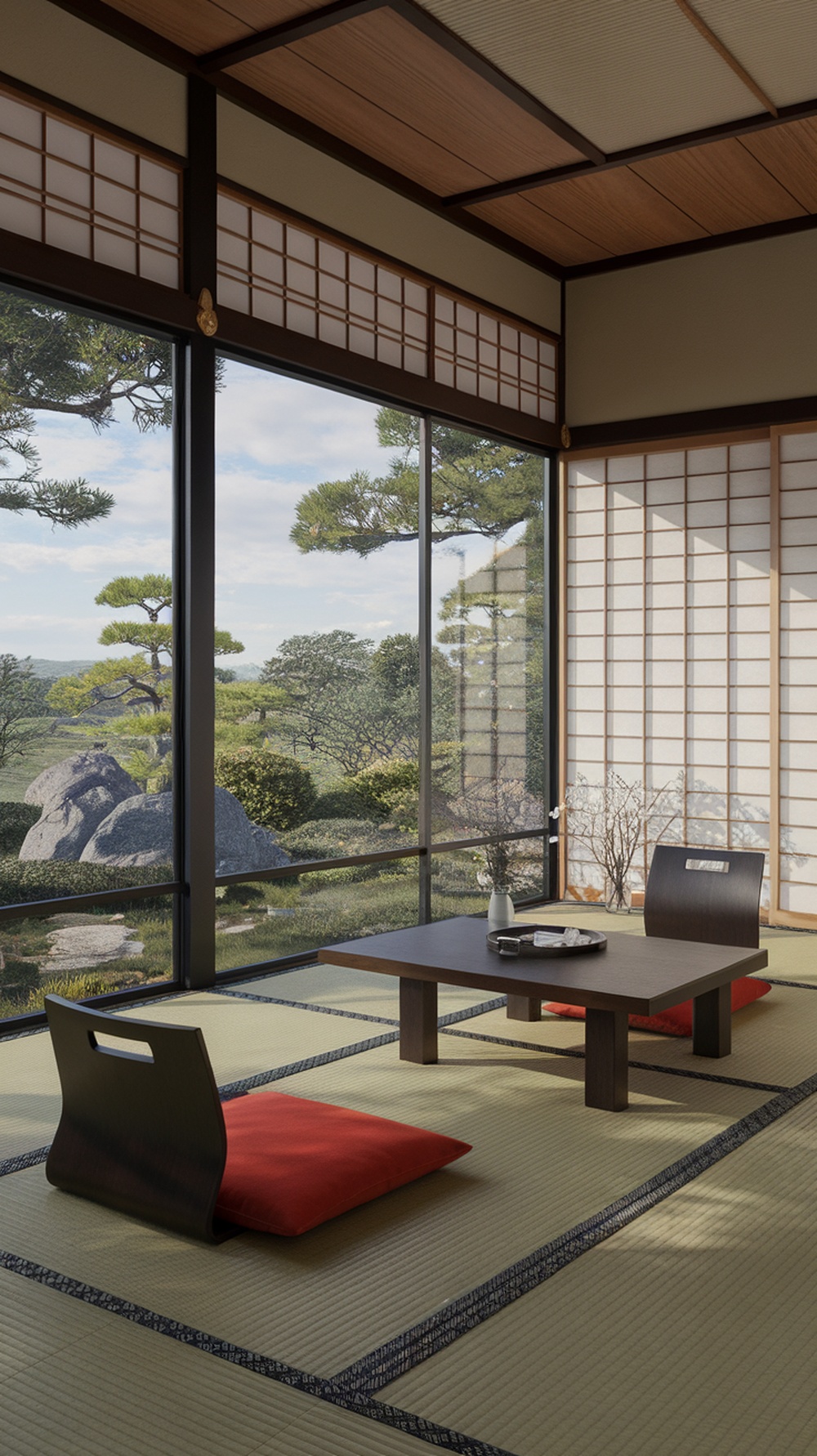 A Japanese styled bedroom with large windows showcasing a serene outdoor view
