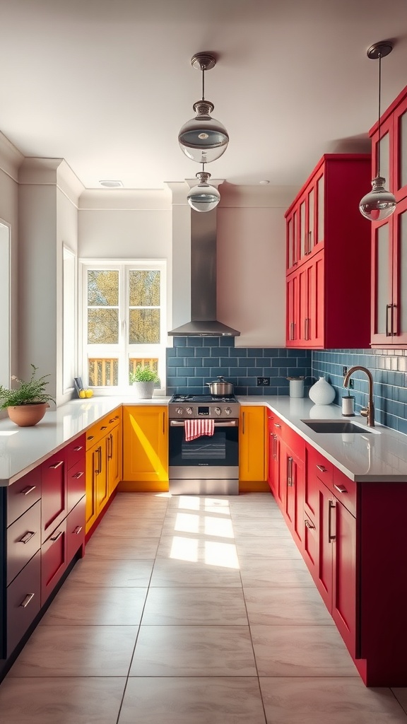 A vibrant kitchen featuring two-tone cabinets in red and yellow, with stylish pendant lighting and a blue backsplash.