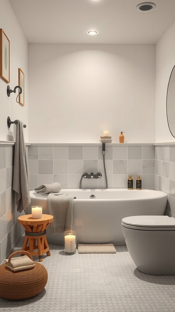 A modern Scandinavian bathroom with a bathtub, wooden stool, candles, and neutral decor.