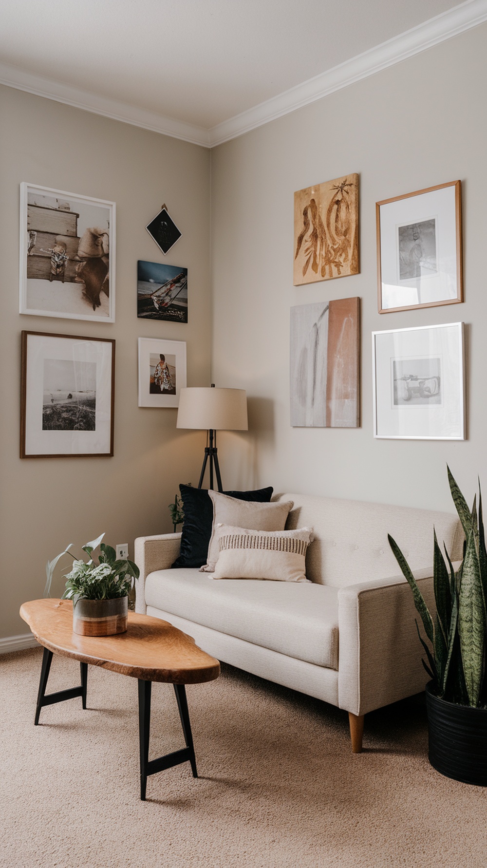 A cozy small apartment living room with a variety of framed artworks on the wall, a light sofa, and a wooden coffee table.