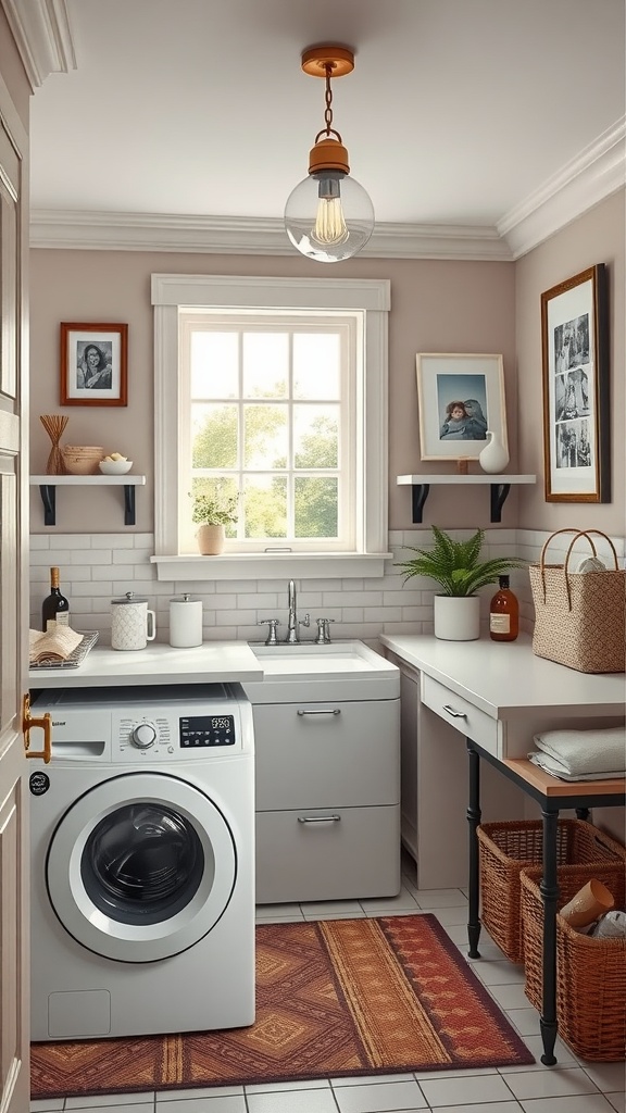 An elegant laundry room with modern features, including a washing machine, a sleek sink, and decorative elements like plants and framed pictures.
