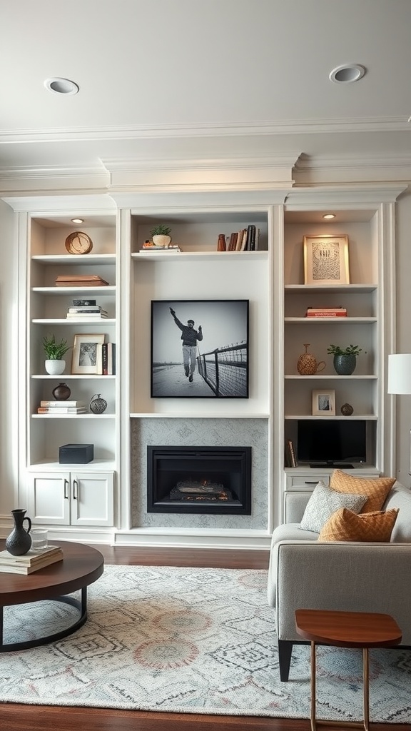 A modern living room featuring built in shelves with books, plants, and a framed picture above a fireplace.