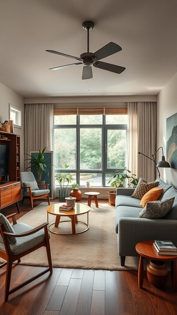 A mid century modern living room with plants, a coffee table, and comfortable seating.
