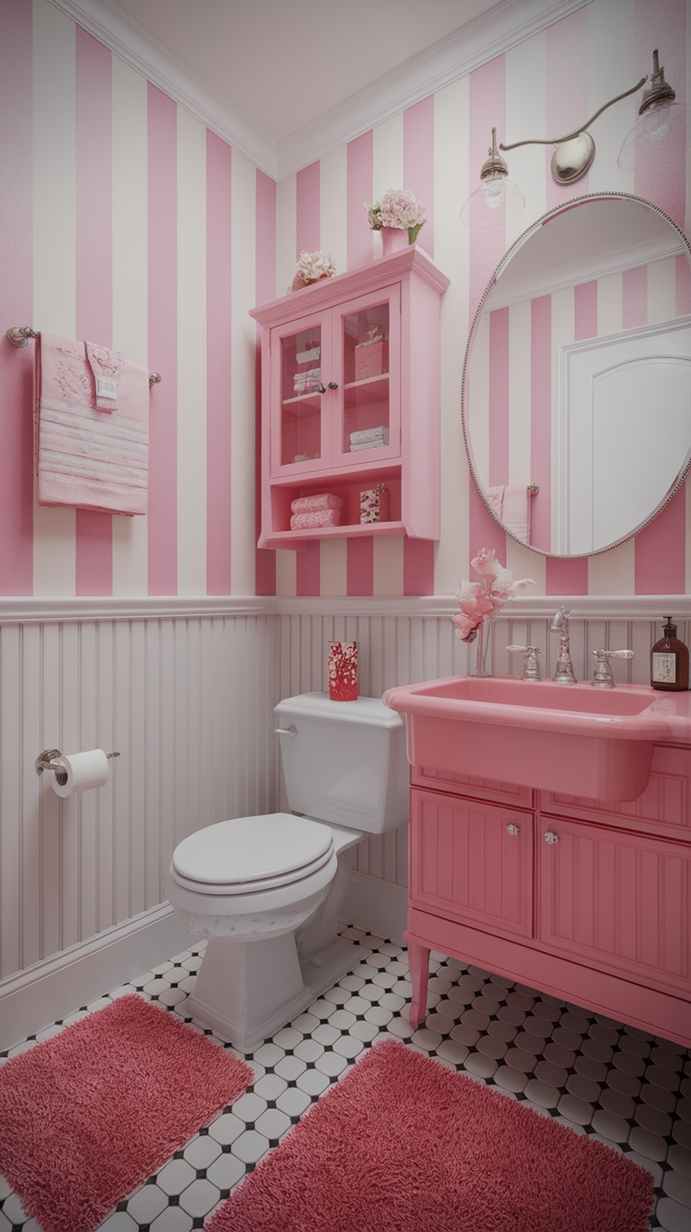 A pink bathroom with pink and white striped walls, pink accessories, and a white toilet.
