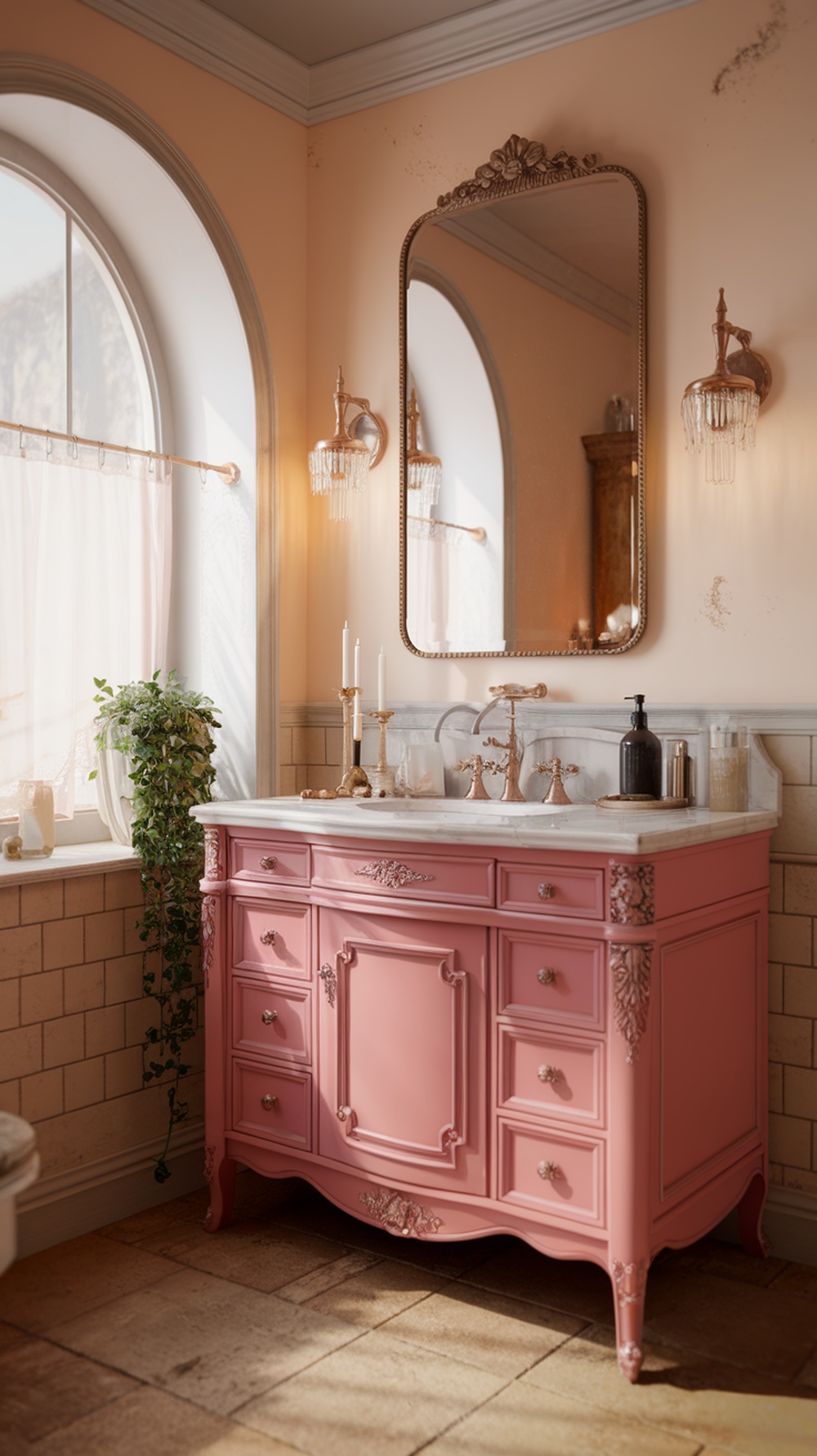A stylish pink vanity with elegant details in a softly lit bathroom