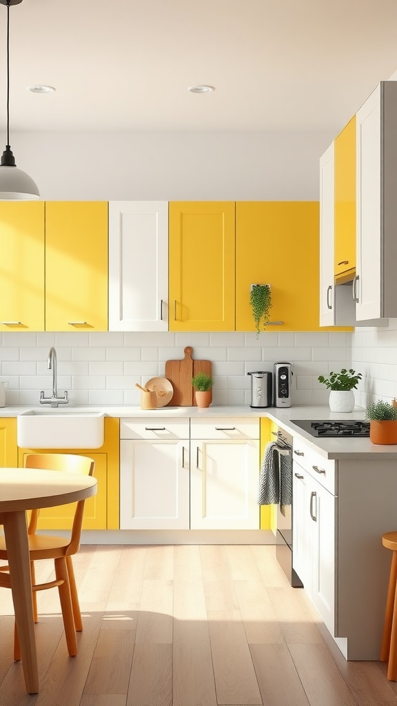 Bright kitchen featuring yellow and white two tone cabinets with a round table.