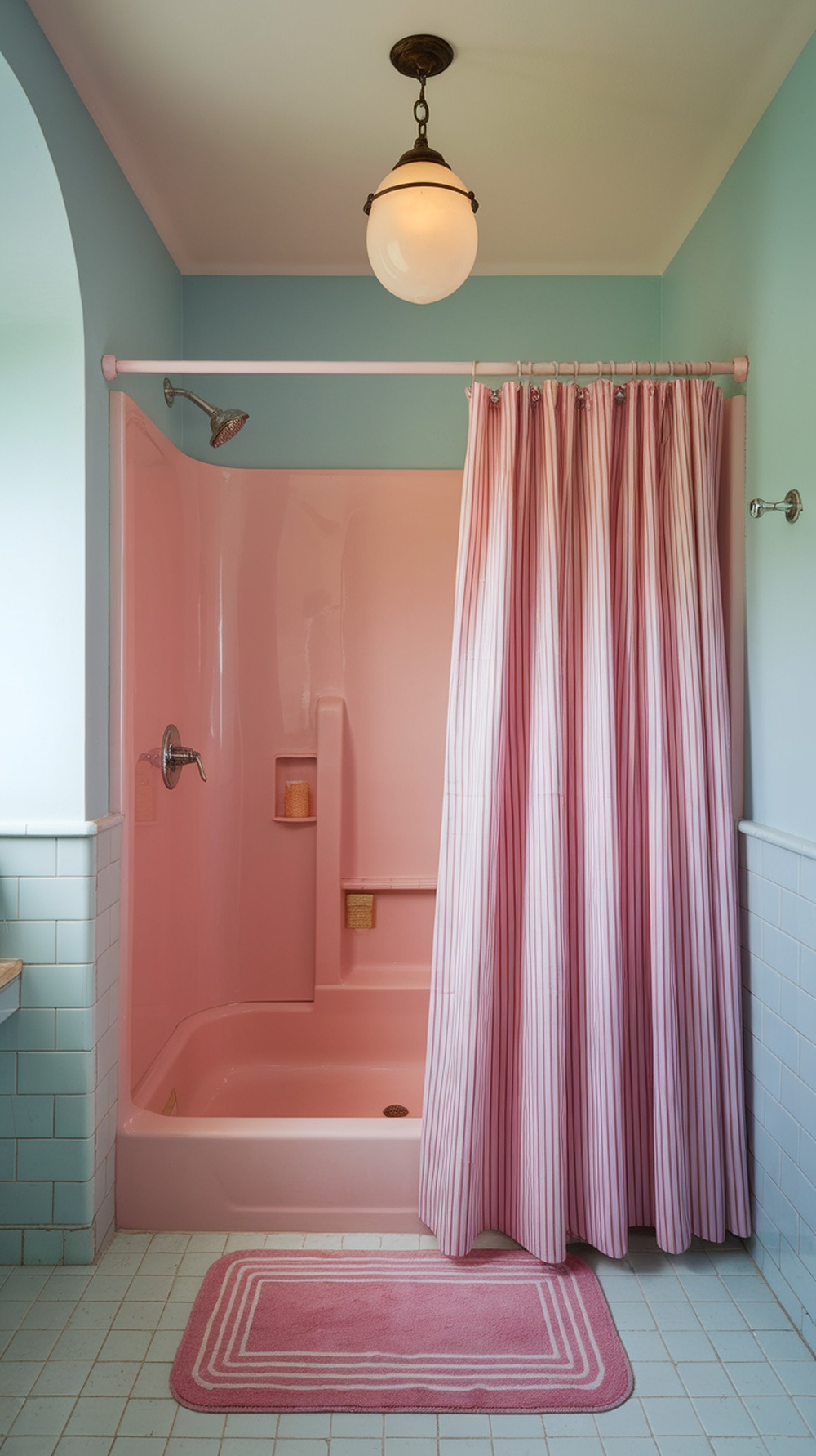 A playful pink bathroom featuring a pink tub and striped shower curtain.
