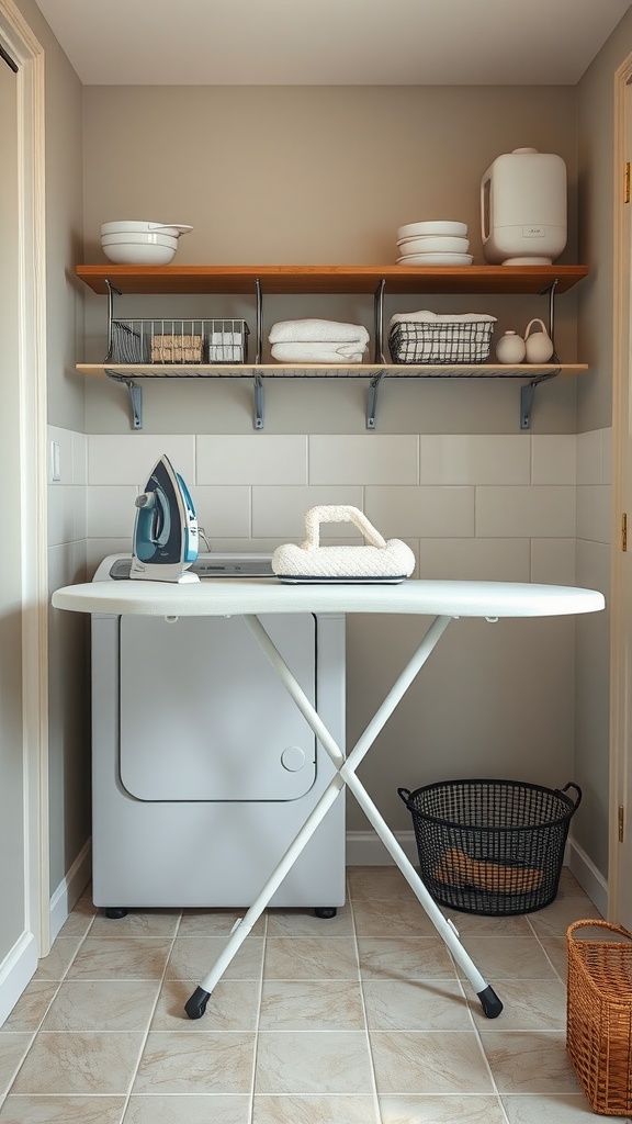 A small laundry room featuring a portable ironing board next to a washing machine, with shelves above for storage.
