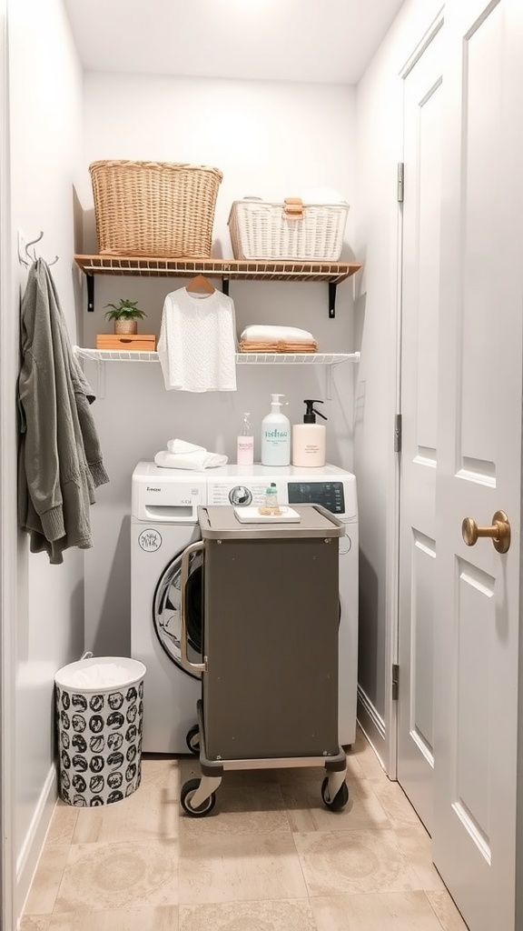 Image of a small laundry room with a washer and a portable laundry cart underneath.