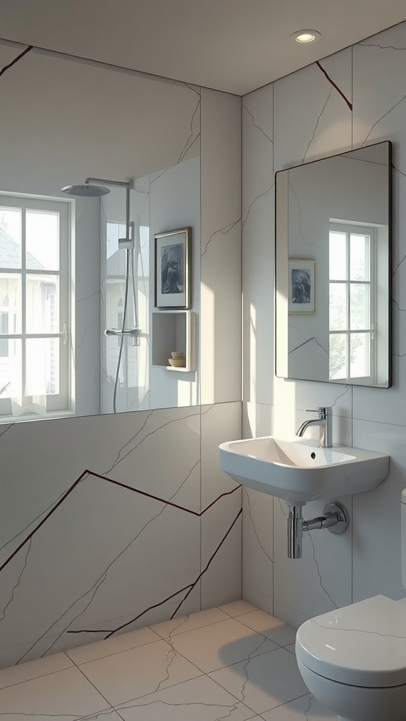 A modern Scandinavian bathroom featuring reflective surfaces, a large mirror, and light-colored tiles