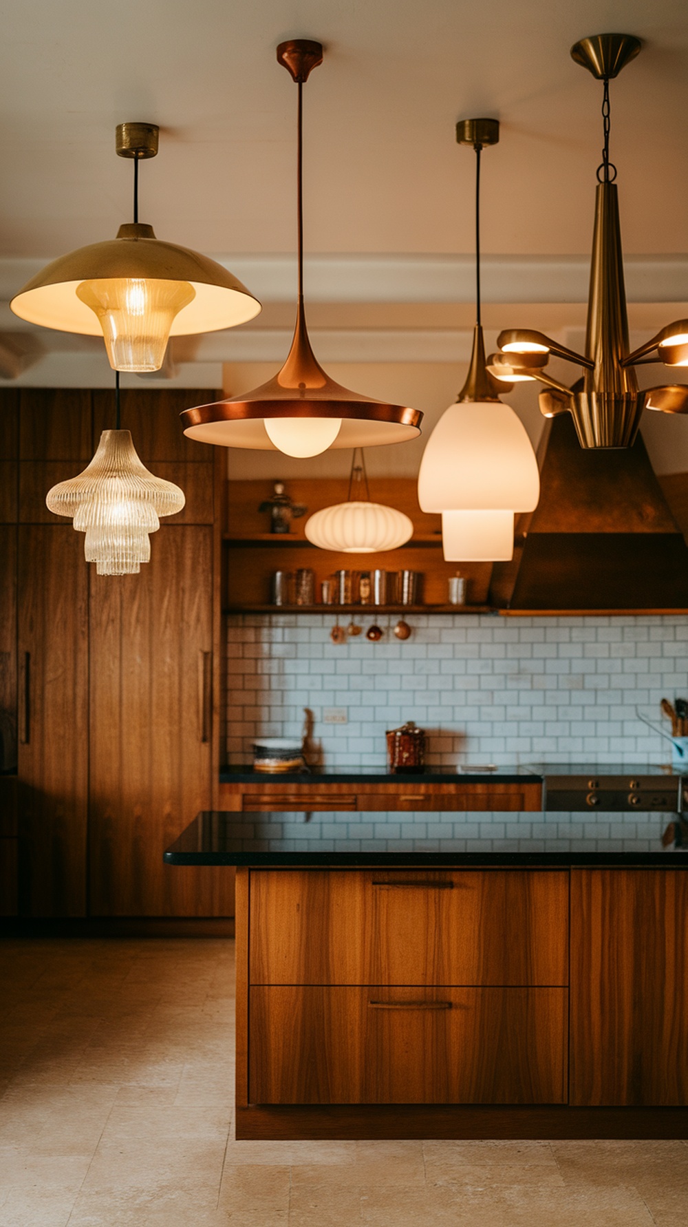A beautifully designed Mid Century Modern Kitchen featuring various retro-inspired lighting fixtures.